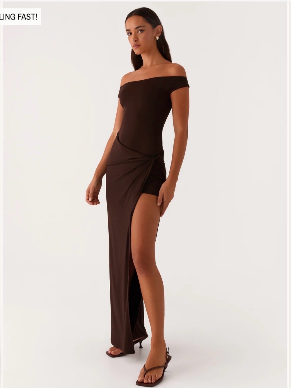 Peppermayo Off-Shoulder Brown Maxi Dress with Side Knot and Slit